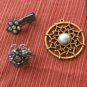 Vintage Barcela Grey & Silver Brooch, Clover Hair Clip & Natural Stone Amulet